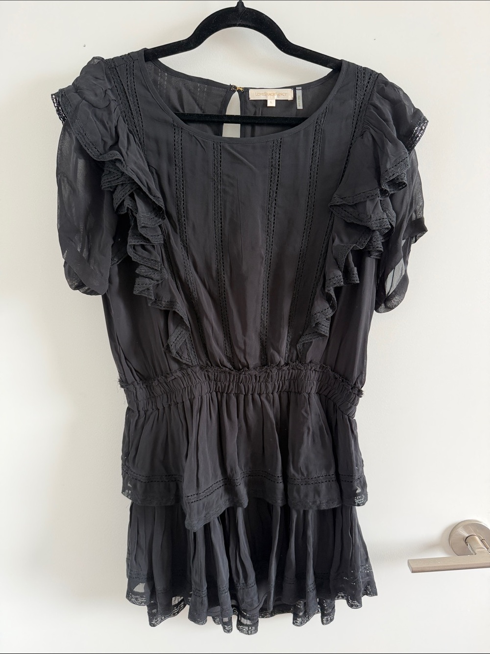 LoveShackFancy Black Ruffled Short Sleeve Tunic